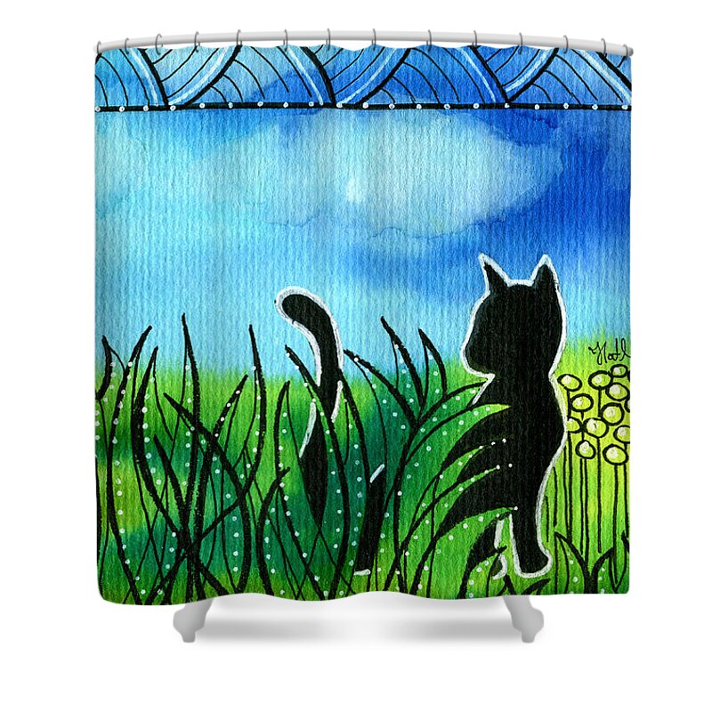 Spring Breeze Shower Curtain featuring the painting Spring Breeze - Black Cat Card by Dora Hathazi Mendes
