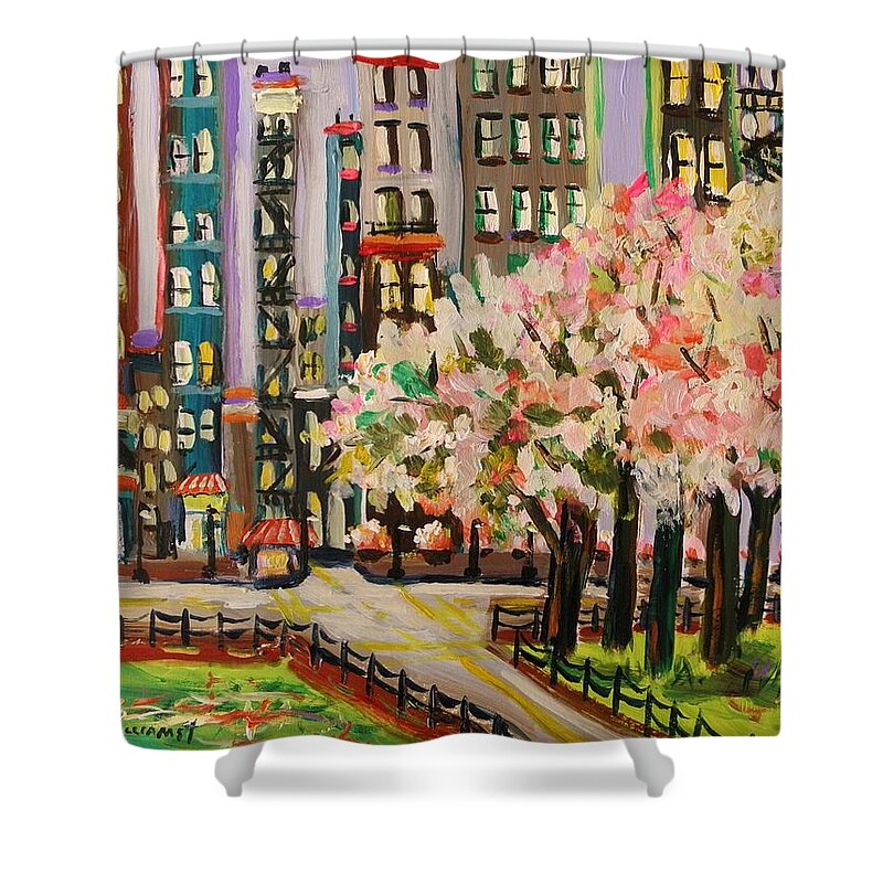 Flowering Trees Shower Curtain featuring the painting Spring in the City by John Williams