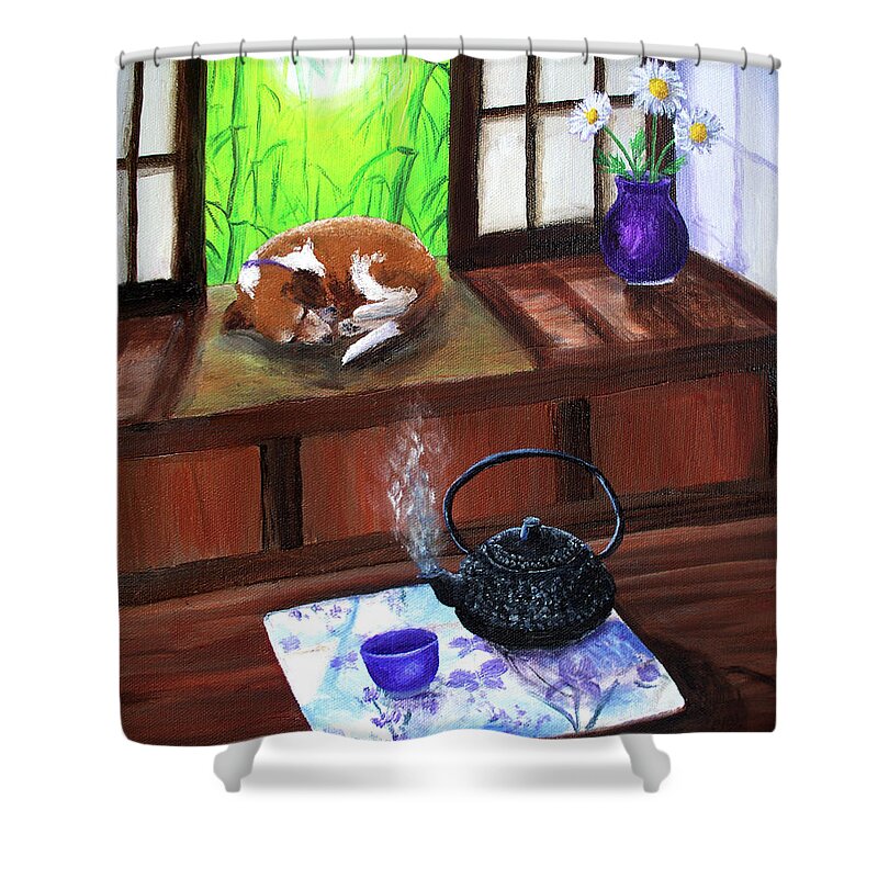 Zen Shower Curtain featuring the painting Spring Morning Tea by Laura Iverson