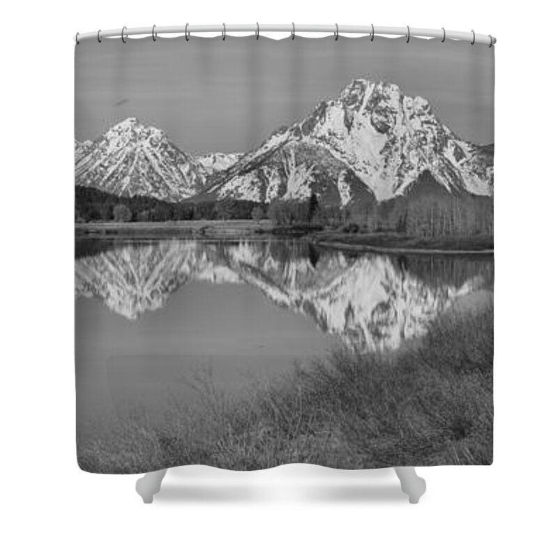 Black And White Shower Curtain featuring the photograph Spring Reflections At Oxbow Bend Black And White by Adam Jewell