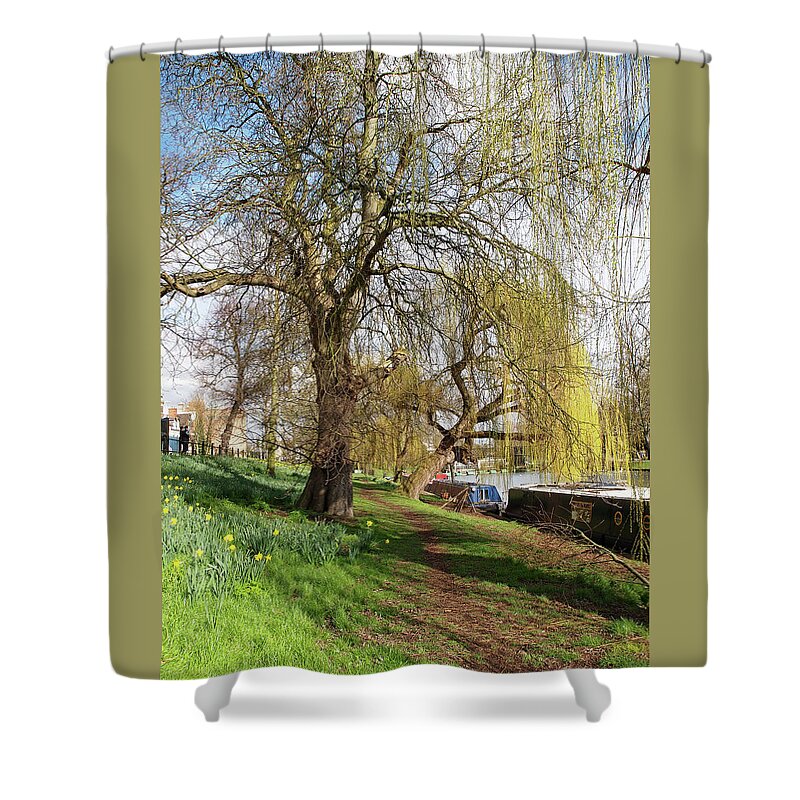 Cambridge River Shower Curtain featuring the photograph Spring Sunshine on Cambridge Riverbank by Gill Billington