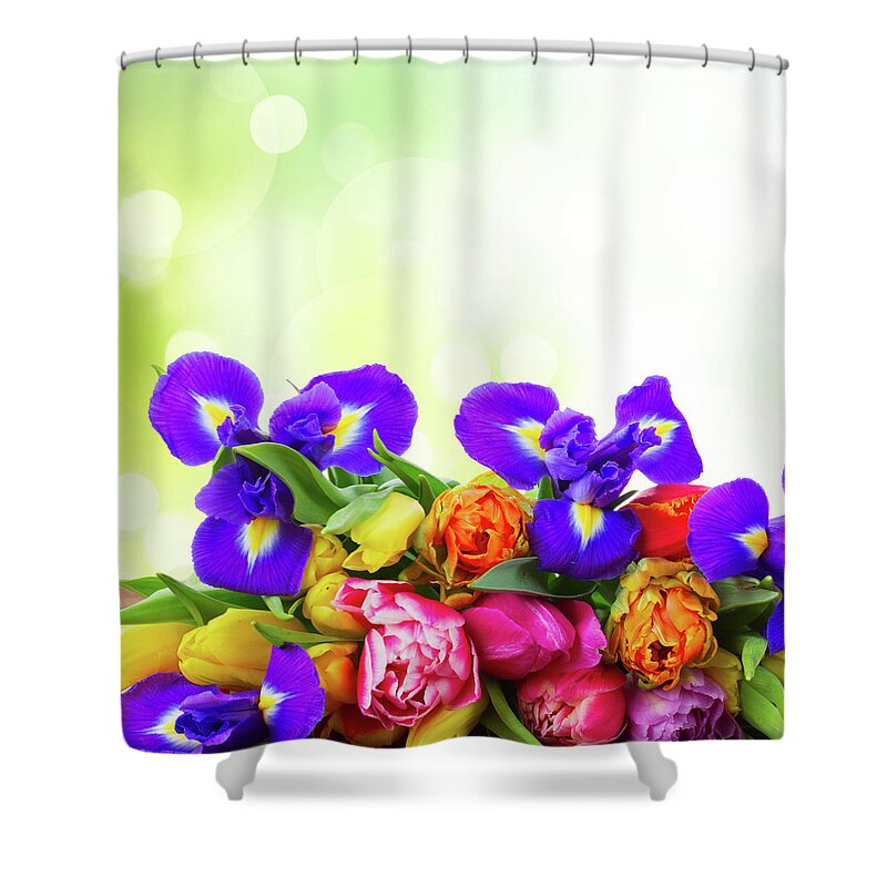 Easter Shower Curtain featuring the photograph Spring Tulips and Irises by Anastasy Yarmolovich