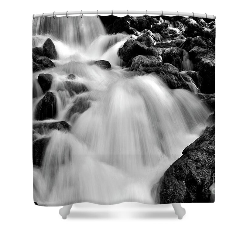 Stream Shower Curtain featuring the photograph Spring waterfall over mossy rocks in black and white by Bruce Block