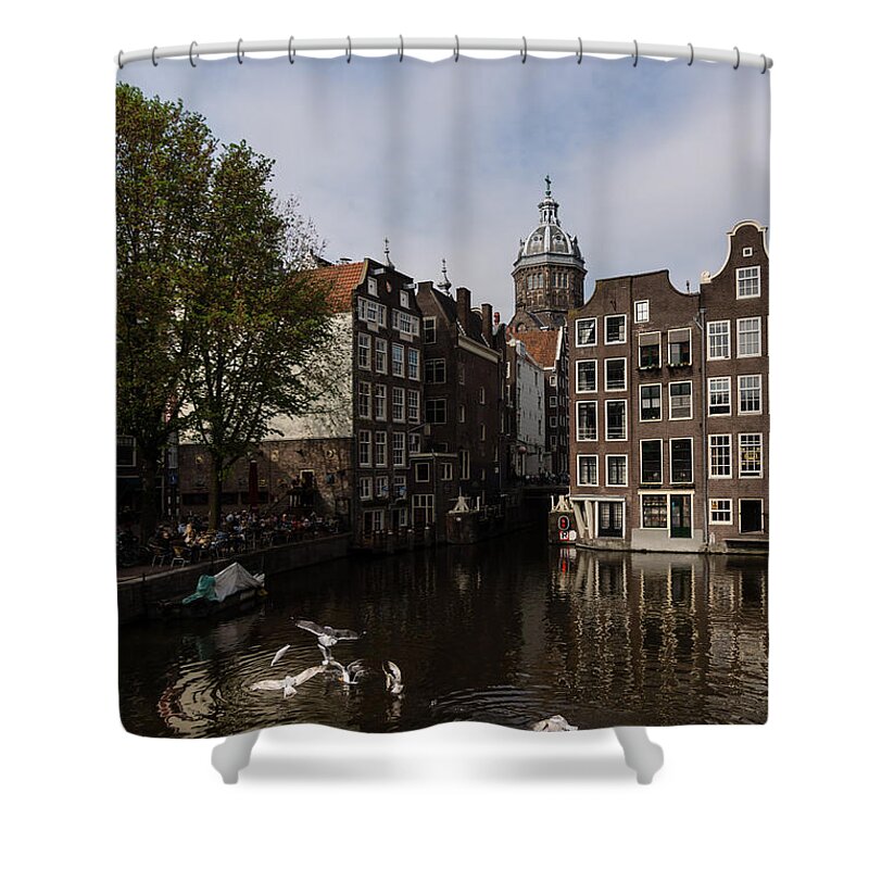 Georgia Mizuleva Shower Curtain featuring the photograph Springtime Amsterdam - Noisy Seagull Commotion on the Canal by Georgia Mizuleva