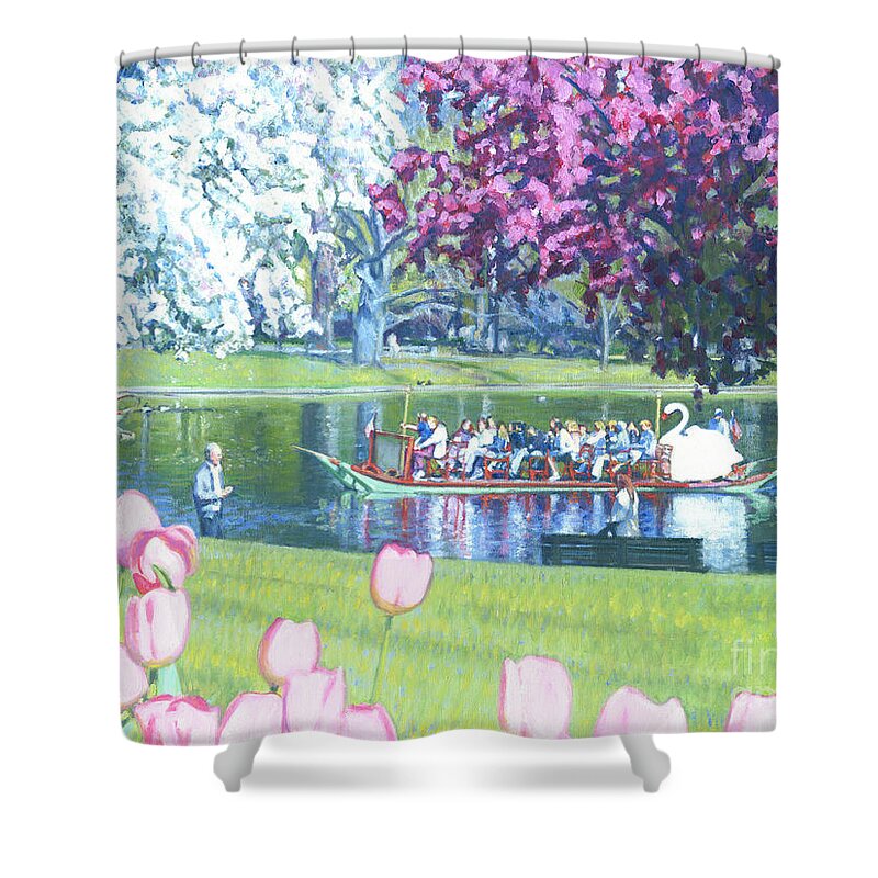 Swan Boat Shower Curtain featuring the painting Springtime Swan Ride by Candace Lovely