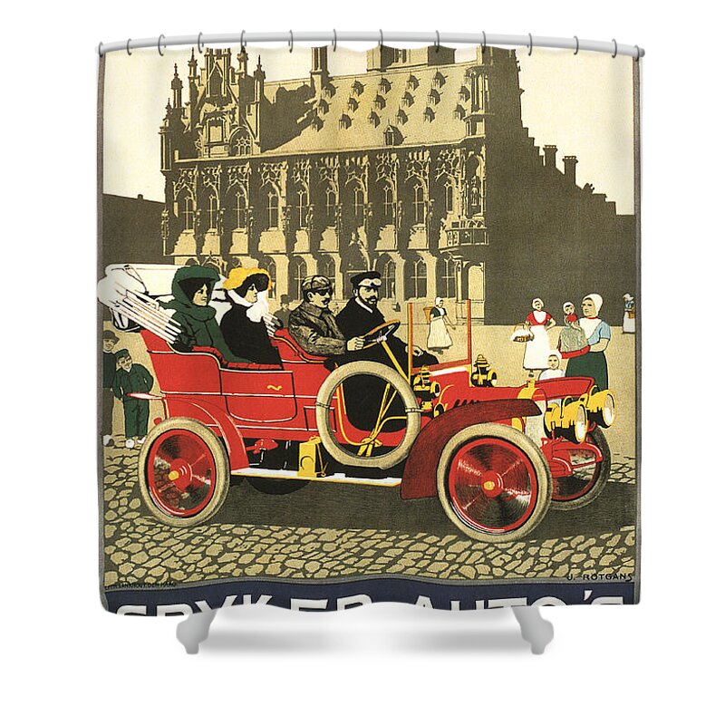 Vintage Shower Curtain featuring the mixed media Spyker Auto's - Amsterdam - Vintage Automobile Advertising Poster by Studio Grafiikka
