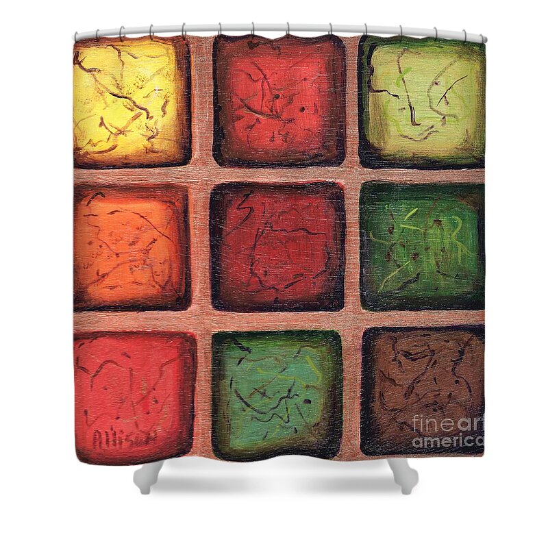#abstract #contemporary #squares #bronze #landscapes Shower Curtain featuring the painting Squared in Bronze by Allison Constantino