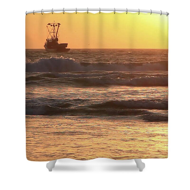 Sunset Shower Curtain featuring the photograph Squid Boat Golden Sunset by John A Rodriguez