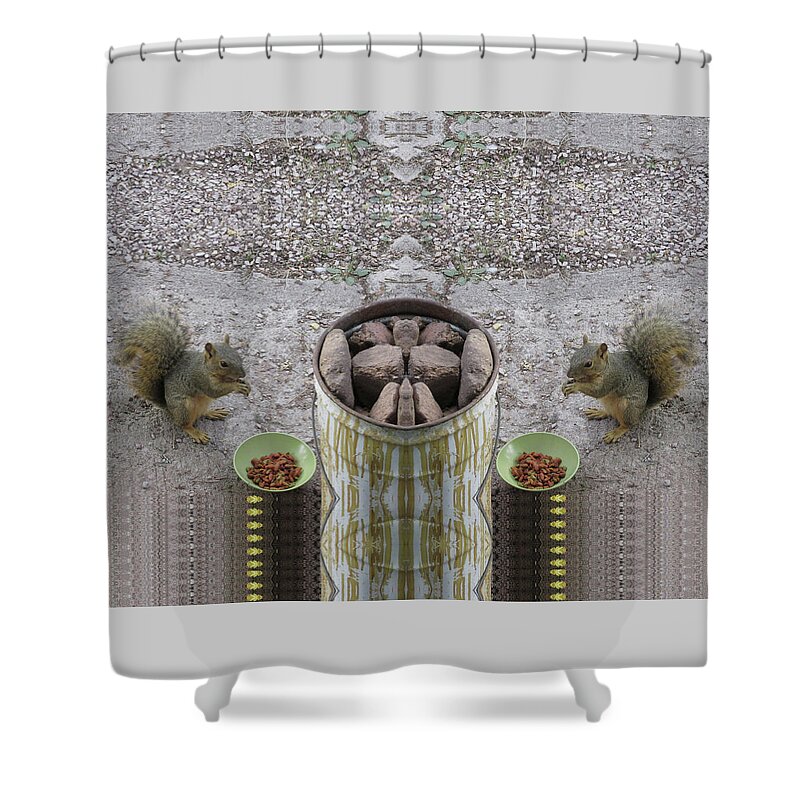 Squirrels Shower Curtain featuring the digital art Squirrels Dining on Cat Food Al Fresco by Julia L Wright