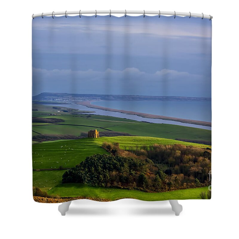 St Catherines Chapel Shower Curtain featuring the photograph St Catherines Chapel and Chesil Beach by Chris Thaxter