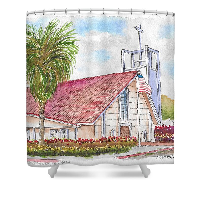 Saint Charles Shower Curtain featuring the painting St. Charles Catholic Church, San Diego, California by Carlos G Groppa