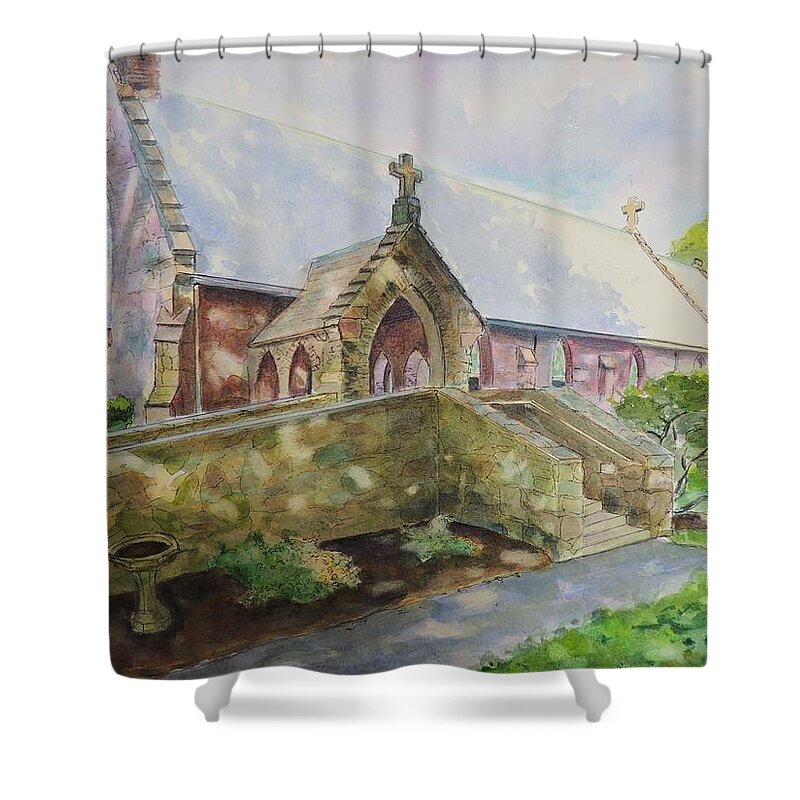 Newport Shower Curtain featuring the painting St. Columba's Episcopal Chapel Middletown RI by Patty Kay Hall