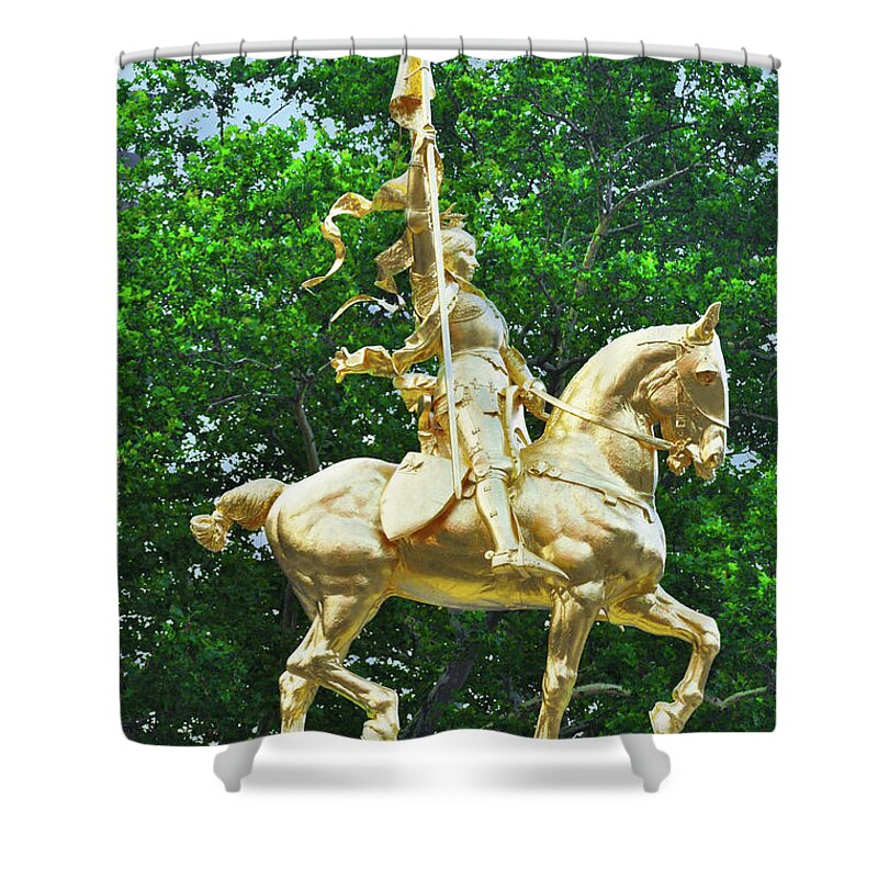 Joan Shower Curtain featuring the photograph St Joan of Arc Statue - Philadelphia by Bill Cannon