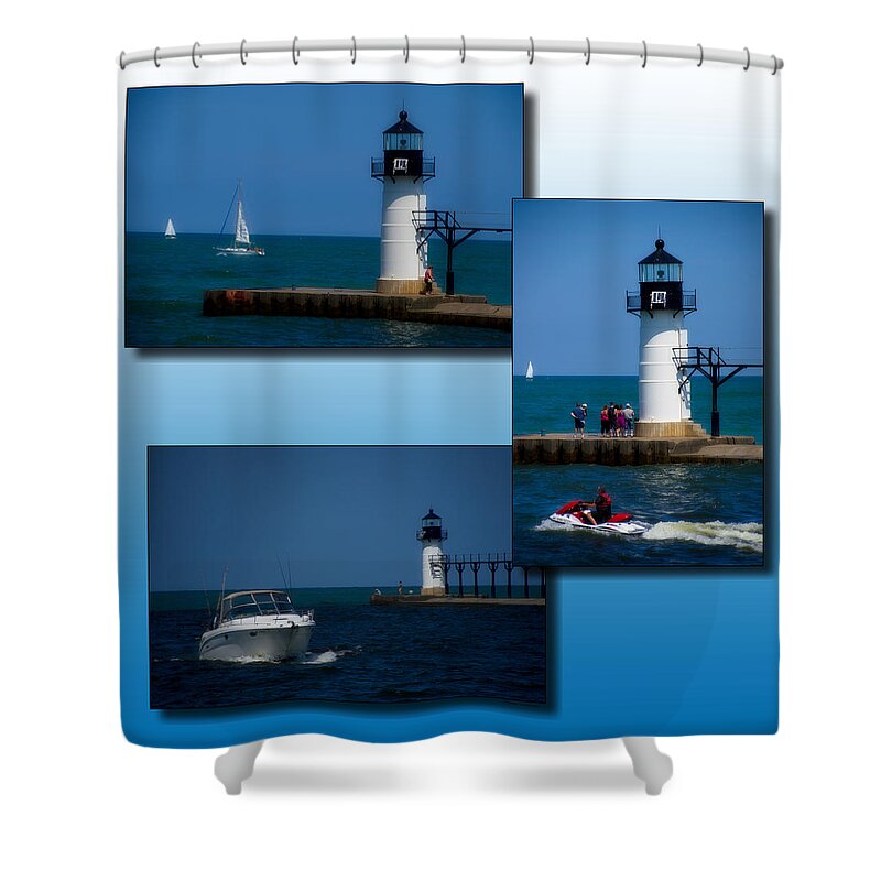Lighthouse Shower Curtain featuring the photograph St Joes Michigan Break Water Pier Light Collage by Thomas Woolworth