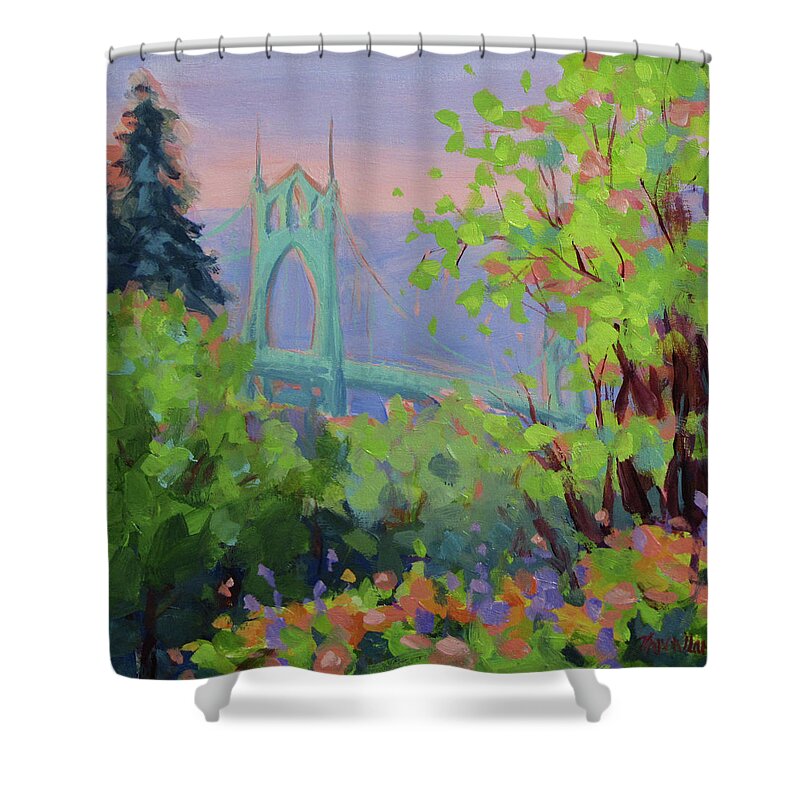 Portland Shower Curtain featuring the painting St Johns by Karen Ilari