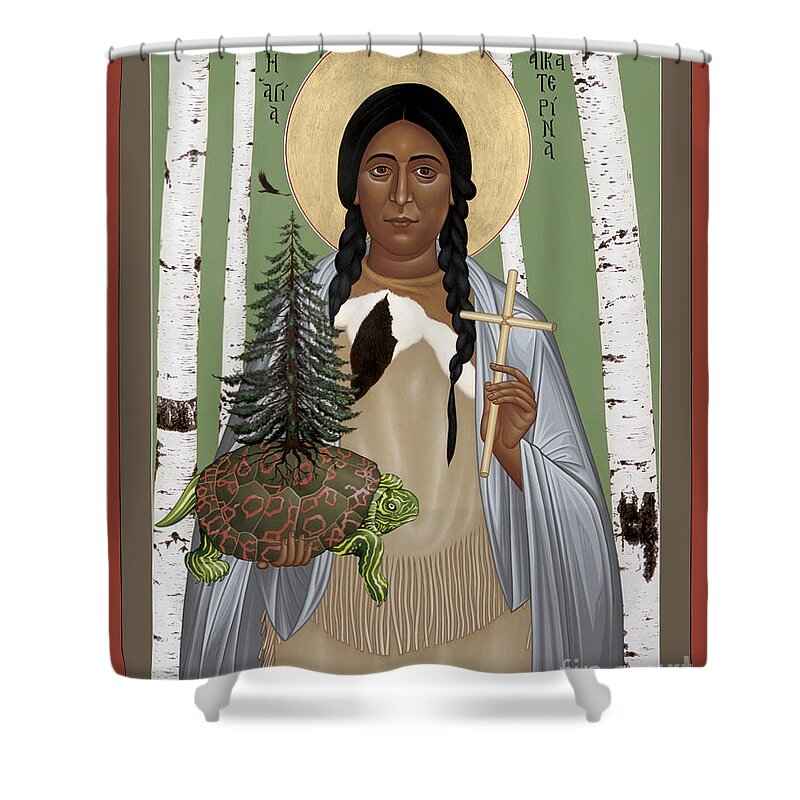 St. Kateri Tekakwitha Of The Iroquois Shower Curtain featuring the painting St. Kateri Tekakwitha of the Iroquois - RLKTK by Br Robert Lentz OFM