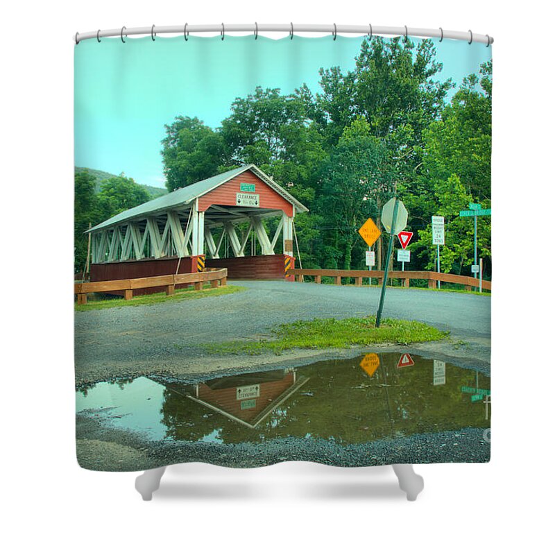 St Mary Covered Bridge Shower Curtain featuring the photograph St Mary Covered Bridge Refletions by Adam Jewell