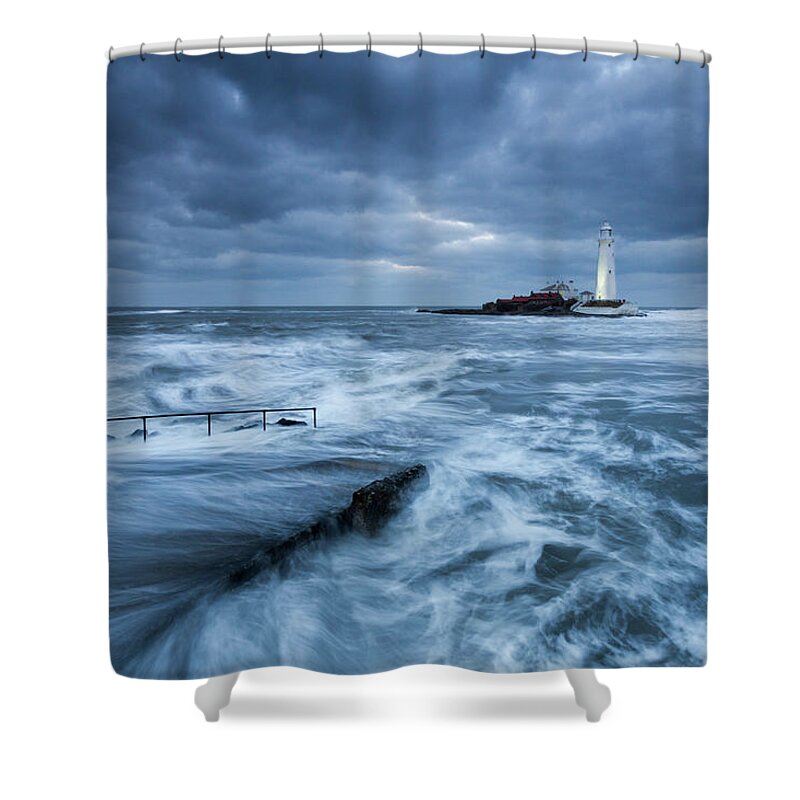 St Mary's Lighthouse Shower Curtain featuring the photograph St Mary's Lighthouse and the cold North Sea by Anita Nicholson