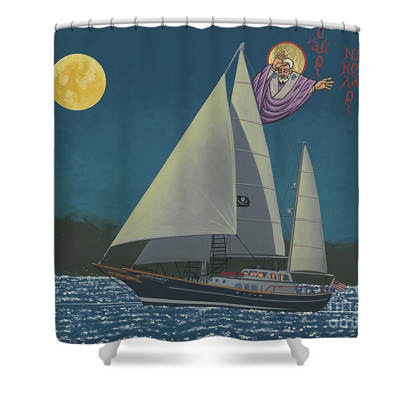 St Nicholas Patron Of Children Sailors And Sea Shepherds Shower Curtain featuring the painting St Nicholas Patron of Children, Sailors and Sea Shepherds- 296 by William Hart McNichols