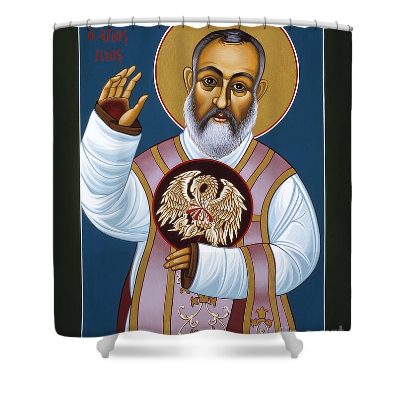 St Padre Pio Mother Pelican Shower Curtain featuring the painting St Padre Pio Mother Pelican 047 by William Hart McNichols