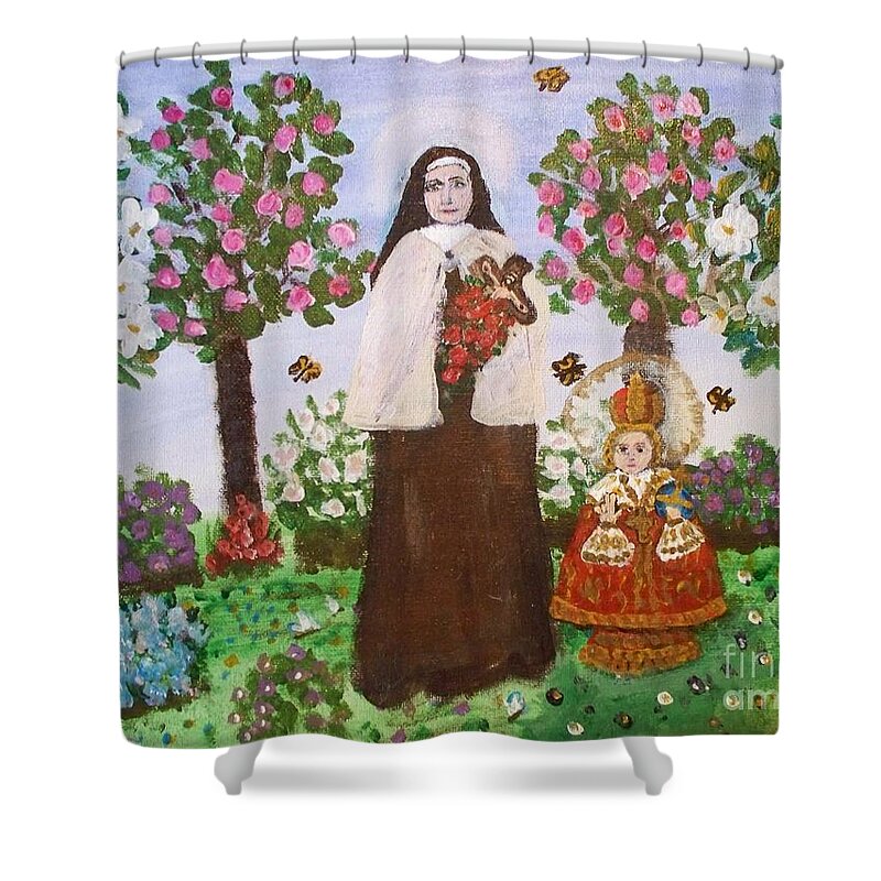 St. Therese And The Infant Jesus Shower Curtain featuring the painting St. Therese and The Infant Jesus by Seaux-N-Seau Soileau