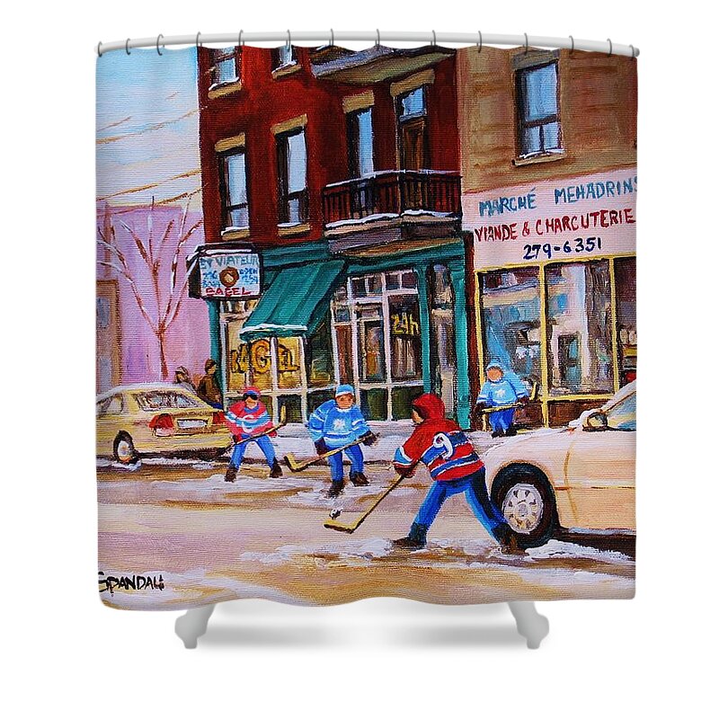 Montreal Shower Curtain featuring the painting St. Viateur Bagel with boys playing hockey by Carole Spandau