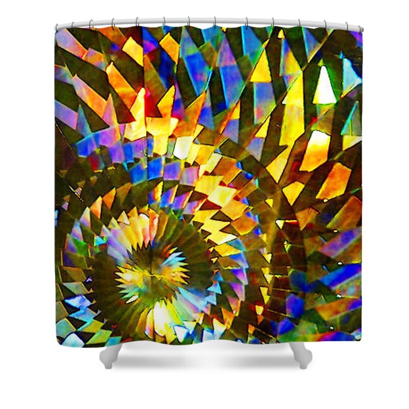 Stained Glass Fantasy Color Swirl Bright Pieced Piecing Abstract; Art; Artistic; Artwork; Background; Colorful; Creative; Decor; Decoration; Decorative; Design; Detail; Light; Mosaic; Pattern; Refraction Mosaic Refracted Shower Curtain featuring the photograph Stained Glass Fantasy 1 by Frances Miller