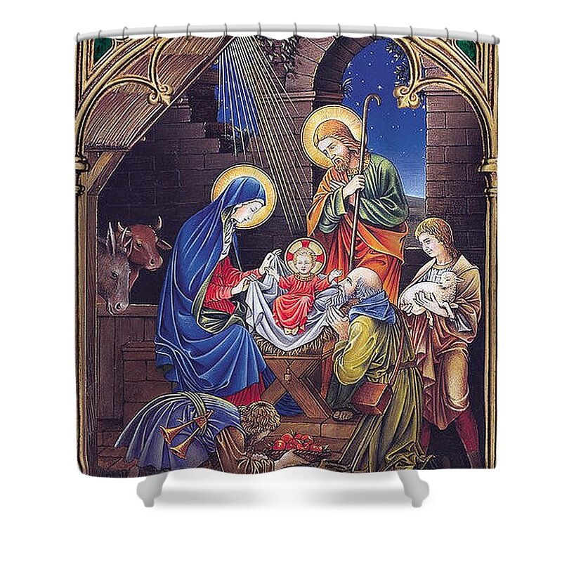 Nativity Shower Curtain featuring the painting Stained Glass Nativity by Artist Unknown