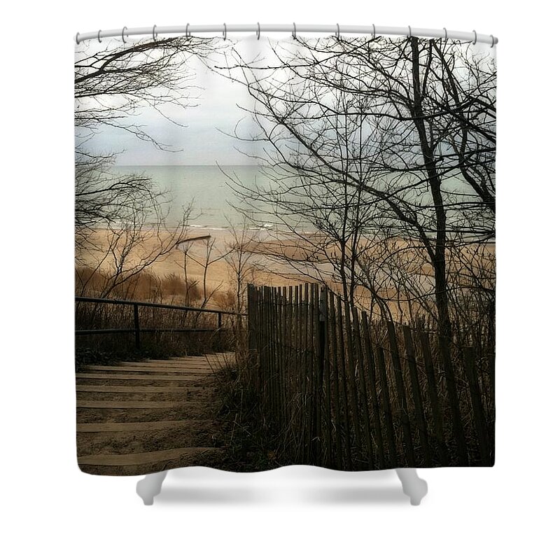 Michigan Shower Curtain featuring the photograph Stairs to the Beach in Winter by Michelle Calkins
