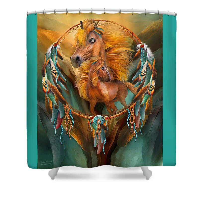 Carol Cavalaris Shower Curtain featuring the mixed media Stallion Dreams by Carol Cavalaris