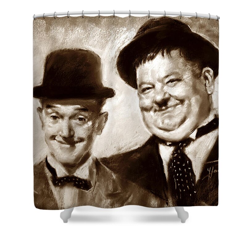 Stan Laurel Shower Curtain featuring the drawing Stan Laurel Oliver Hardy by Ylli Haruni