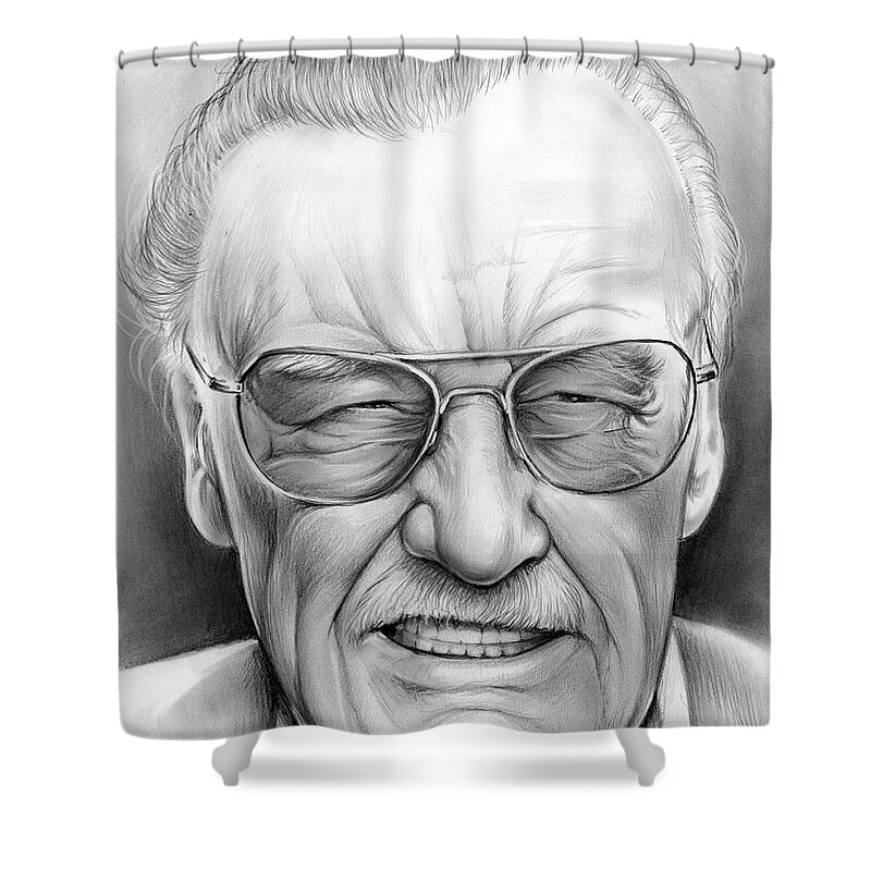 Stan Lee Shower Curtain featuring the drawing Stan Lee by Greg Joens