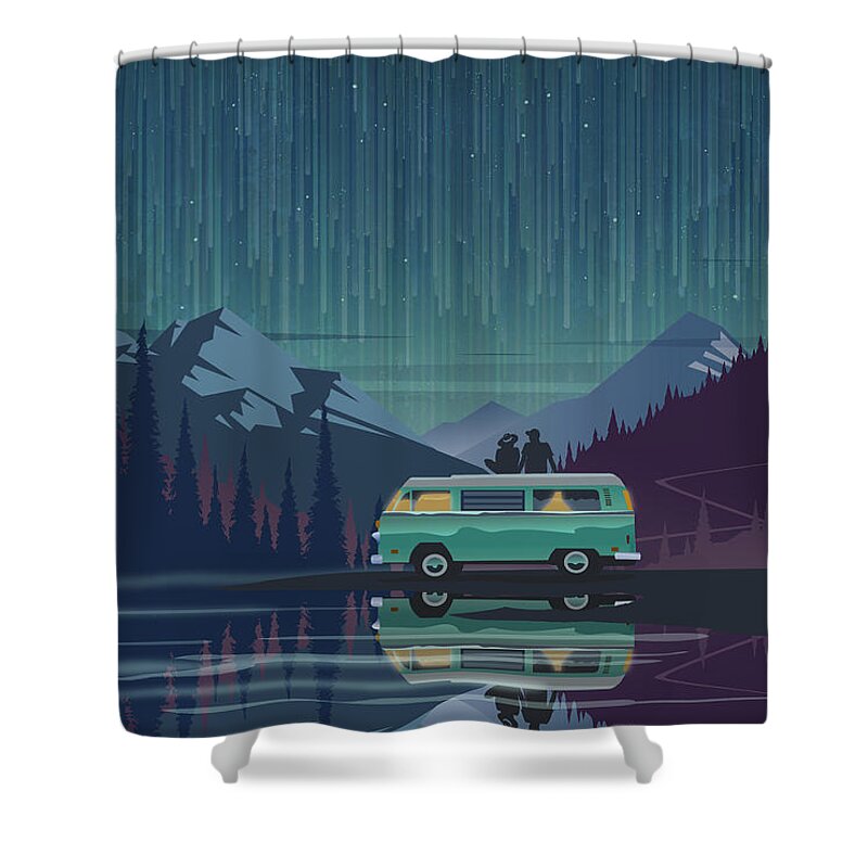 Vanlife Shower Curtain featuring the painting Star light vanlife by Sassan Filsoof