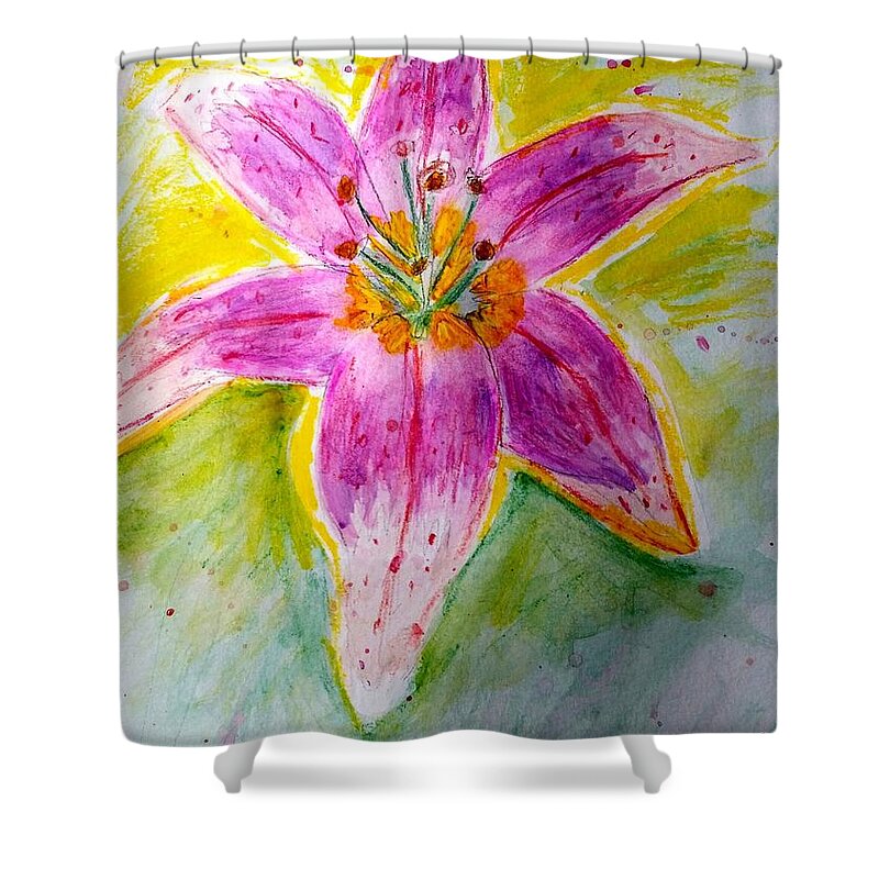 Watercolor Shower Curtain featuring the painting Stargazer Lily in the Garden by Stacie Siemsen