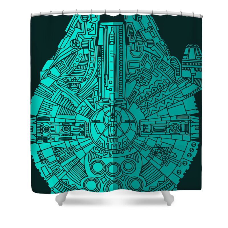 Millennium Shower Curtain featuring the mixed media Star Wars Art - Millennium Falcon - Blue 02 by Studio Grafiikka