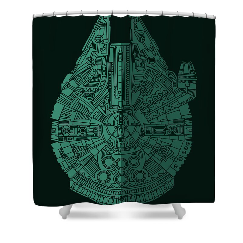 Millennium Shower Curtain featuring the mixed media Star Wars Art - Millennium Falcon - Blue Green by Studio Grafiikka