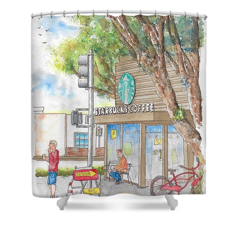 Starbucks Coffee Shower Curtain featuring the painting Starbucks Coffee in Robertson and Beverly Blvd., Beverly Hills, CA by Carlos G Groppa