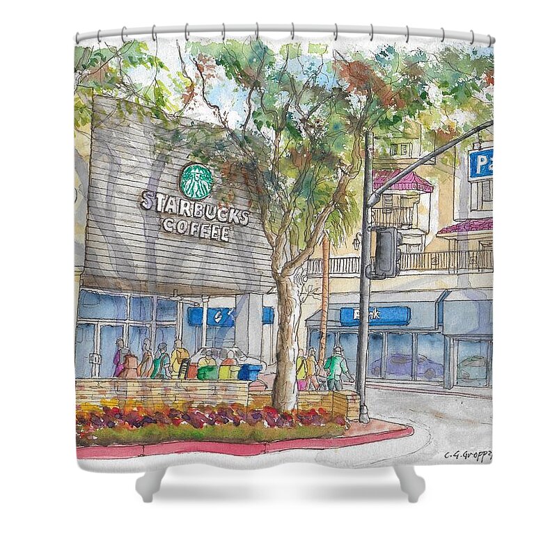 Starbucks Coffee Shower Curtain featuring the painting Starbucks Coffee in San Fernando Rd and Palms, Burbank, California by Carlos G Groppa