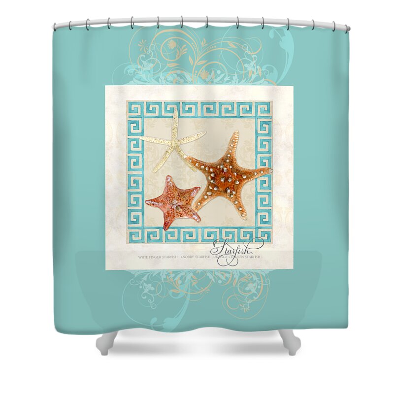 White Finger Starfish Shower Curtain featuring the painting Starfish Greek Key Pattern w Swirls by Audrey Jeanne Roberts