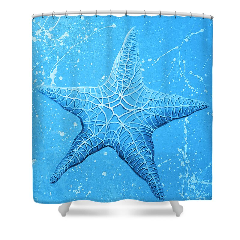 Starfish Shower Curtain featuring the painting Starfish in Blue by William Love