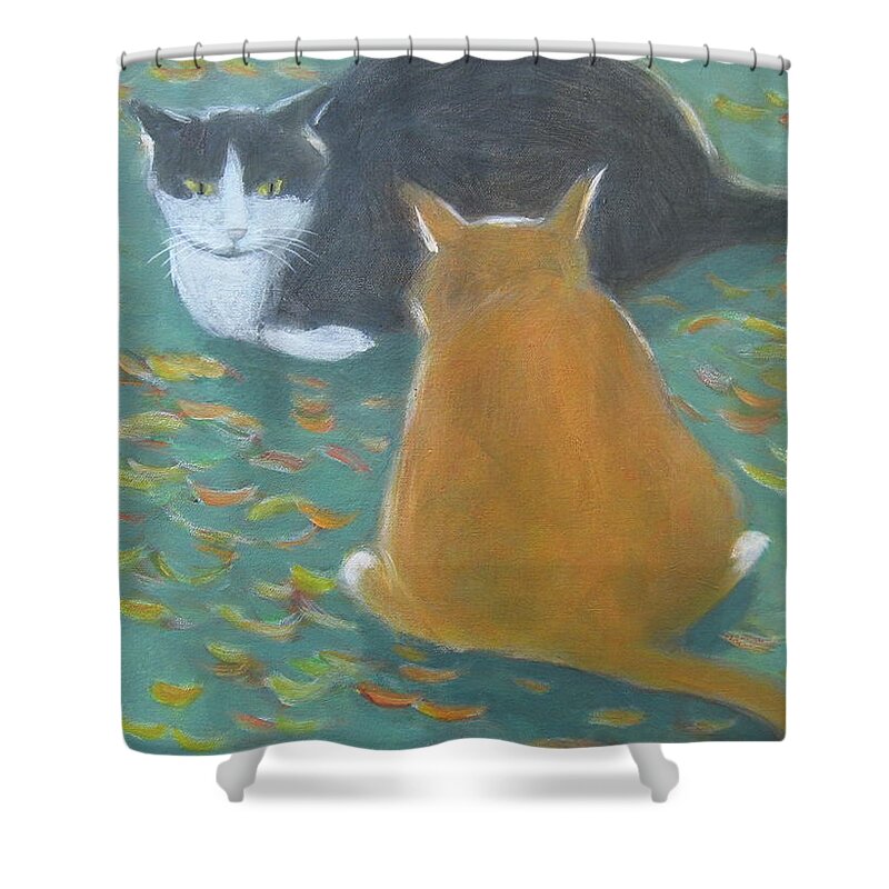 Cat Shower Curtain featuring the painting Staring Contest by Kazumi Whitemoon