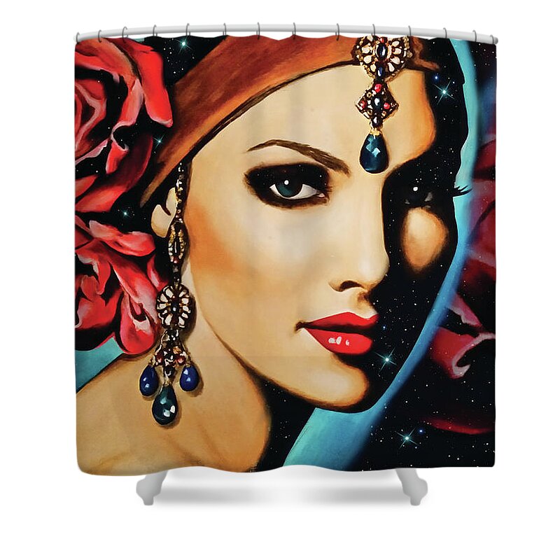 Gypsy Shower Curtain featuring the mixed media Starlight Rose by Robyn Chance