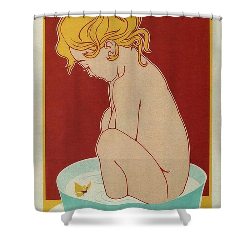 Starlight Shower Curtain featuring the mixed media Starlight Savon - Bathing Soap - Vintage Soap Advertising Poster by Studio Grafiikka