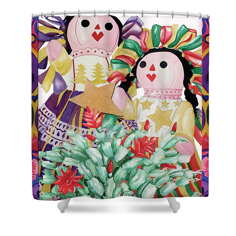 Christmas Card Shower Curtain featuring the painting Starring the Christmas Cactus by Kandyce Waltensperger