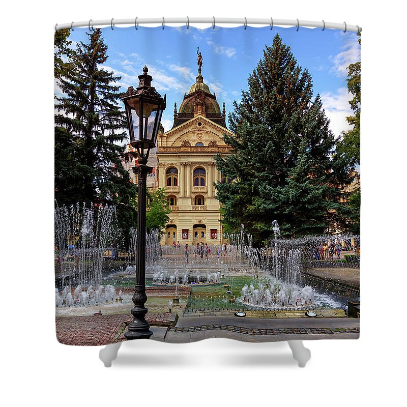 Kosice Shower Curtain featuring the photograph State Theater in the old town, Kosice, Slovakia by Elenarts - Elena Duvernay photo