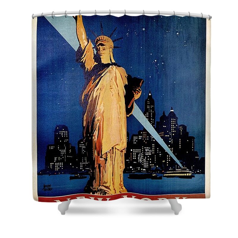 Statue Of Liberty Shower Curtain featuring the painting Statue of Liberty at night - New York City Vintage Poster by Studio Grafiikka