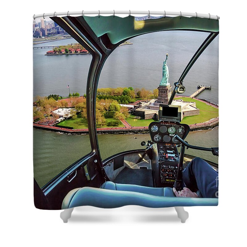Statue Of Liberty Shower Curtain featuring the photograph Statue of Liberty Helicopter by Benny Marty
