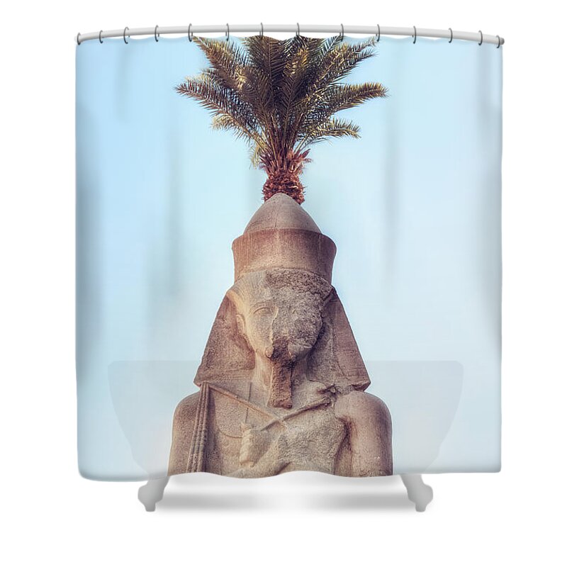 Karnak Temple Shower Curtain featuring the photograph statue of Ramses by Joana Kruse