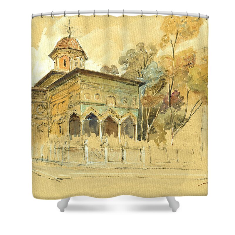 Bucharest Shower Curtain featuring the painting Stavropoleos Church by Juan Bosco