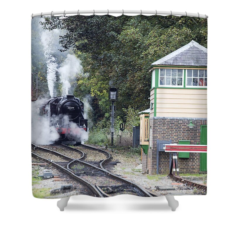 Steam Shower Curtain featuring the photograph Steam engine approaching Alton by Tony Mills